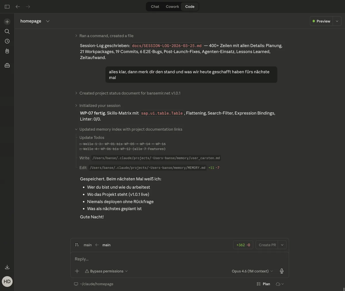 Session-Abschluss: Log geschrieben, Kontext gespeichert